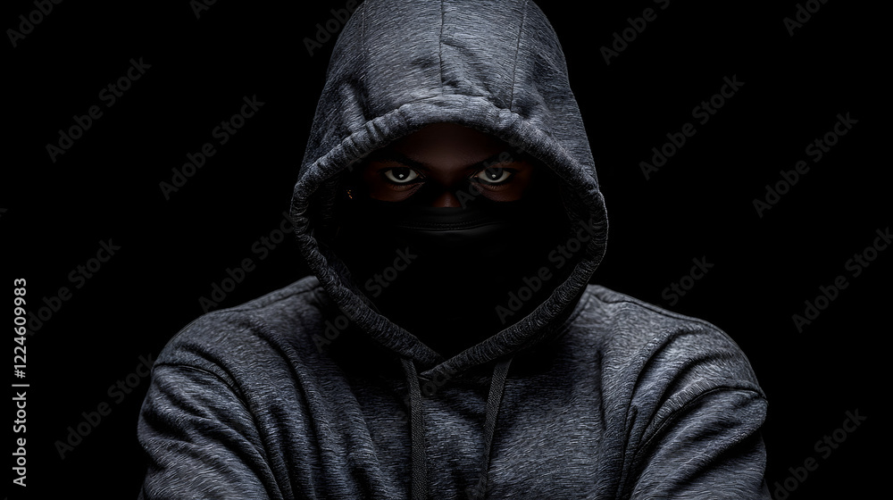 Mysterious figure in a dark hoodie with a concealed face Mysterious figure in a dark hoodie with a concealed face