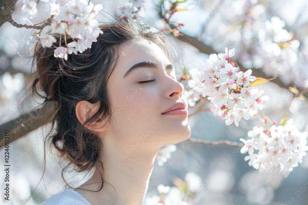 Young woman enjoying the fragrance of cherry blossoms in full bloom during springtime outdoors. Copy space Young woman enjoying the fragrance of cherry blossoms in full bloom during springtime outdoors. Copy space
