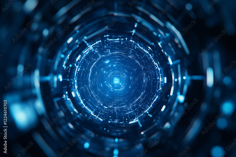 Fototapeta premium Abstract Blue Digital Tunnel With Glowing Particles and Hexagonal Structure