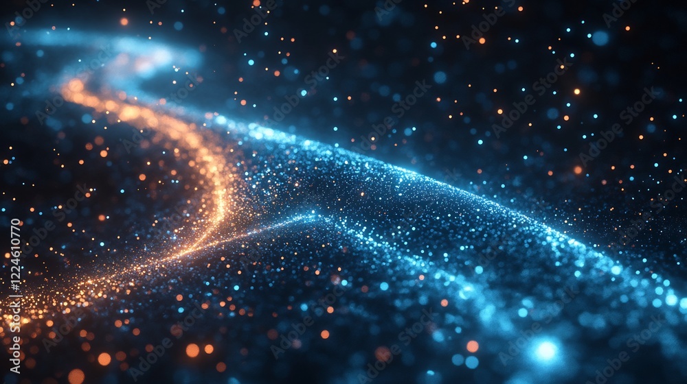 Obraz premium Abstract swirling blue orange particles glow brightly. AI Generated