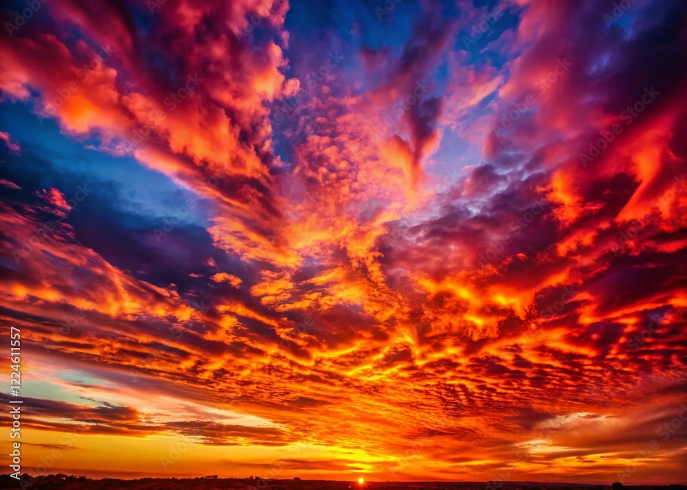 Fototapeta premium Dramatic Red Sunset Cloudscape: Vivid Sky Background Stock Photo