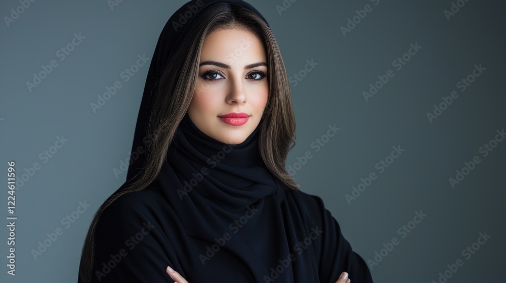 Confident woman, hijab, studio portrait, gray background, professional headshot Confident woman, hijab, studio portrait, gray background, professional headshot