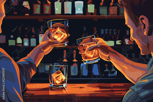 Friends Toasting Whiskey Glasses at Dimly Lit Bar Counter