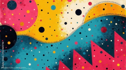 An energetic pop-art layout featuring scattered polka dots, sharp zigzag patterns, and a mix of colorful cyan, magenta, and yellow tones.