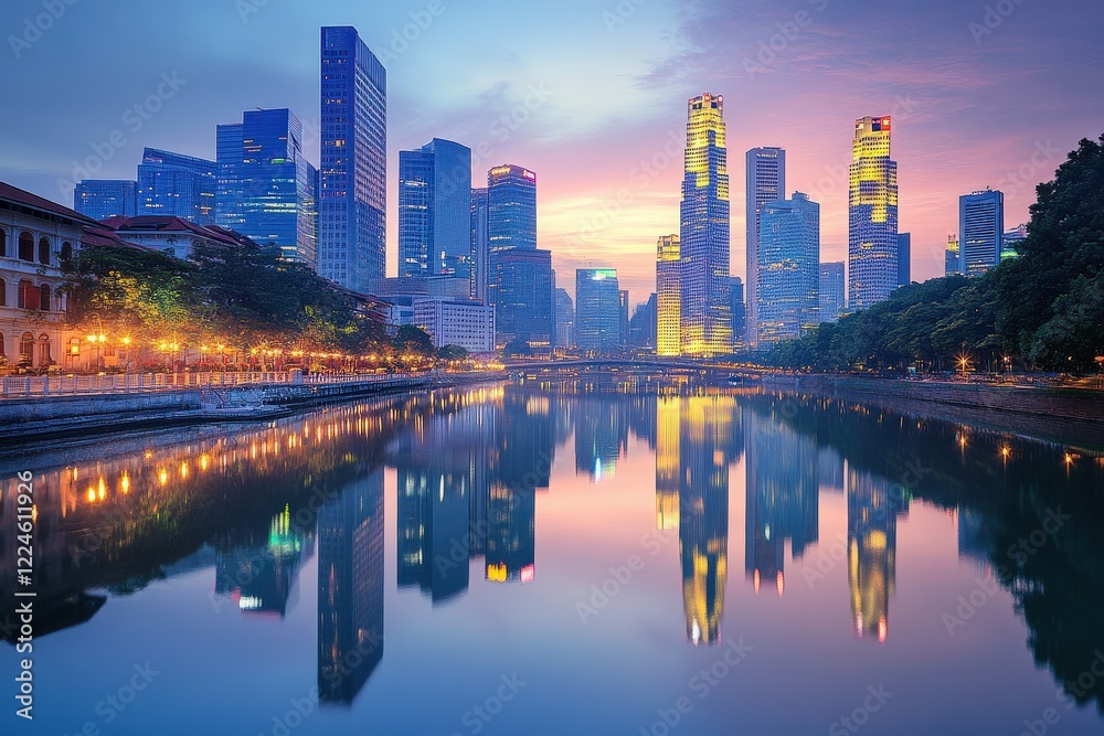 Fototapeta premium A scenic dusk view of a city skyline reflected in a calm river.