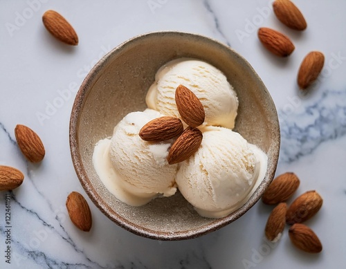 almond ice cream in a bowl, topped with almond nuts, high-quality food photography, overhead view composition. photo