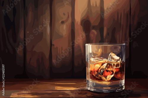 Glass of whiskey with ice cubes on rustic wooden table, spirits and alcohol concept