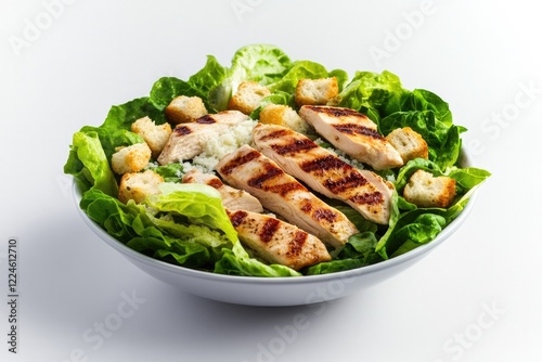 Fresh greens topped with grilled chicken and crispy croutons cre photo