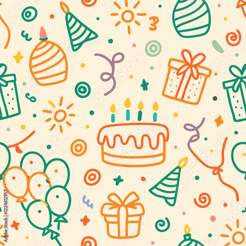 Festive birthday party seamless pattern with cake, balloons, gifts, and confetti.