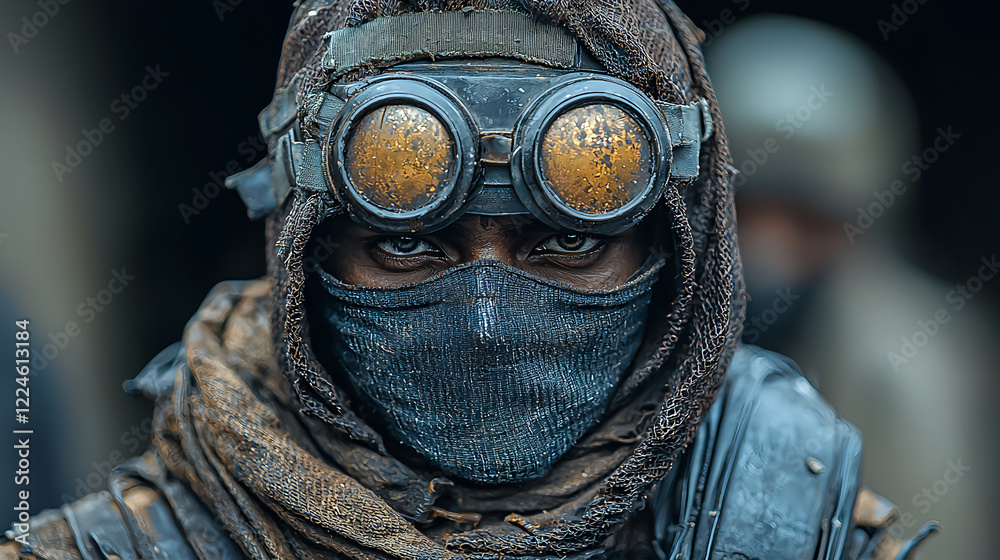 Mysterious figure in post-apocalyptic attire with goggles Mysterious figure in post-apocalyptic attire with goggles