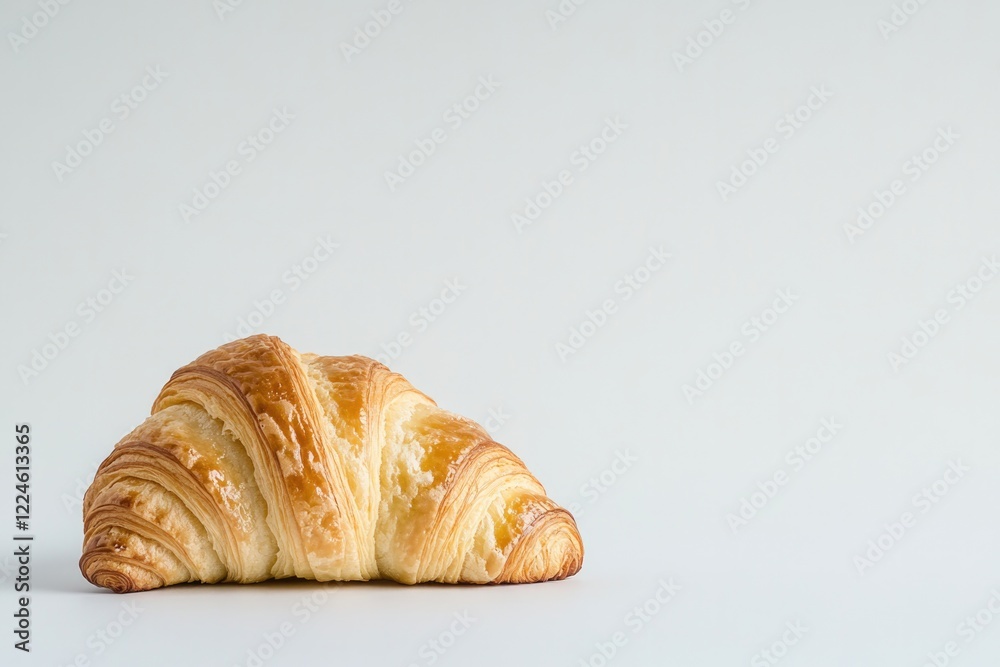 Golden croissant rests on light background, showcasing its flaky Golden croissant rests on light background, showcasing its flaky
