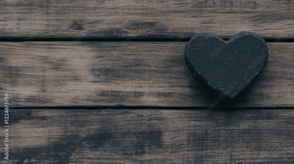 Dark Stone Heart on Rustic Wooden Background Dark Stone Heart on Rustic Wooden Background
