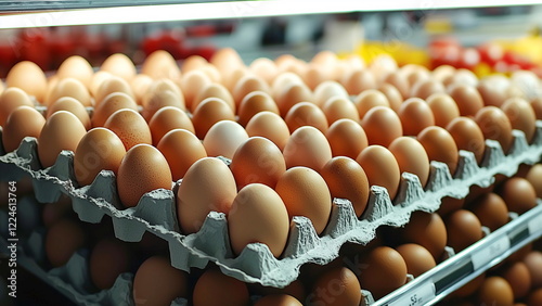 Fresh brown chicken egg arrange neatly on carton box in the supermarket shelf photo
