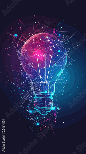 Glowing Light Bulb with Network of Dots and Lines, Abstract Pastel Illustration