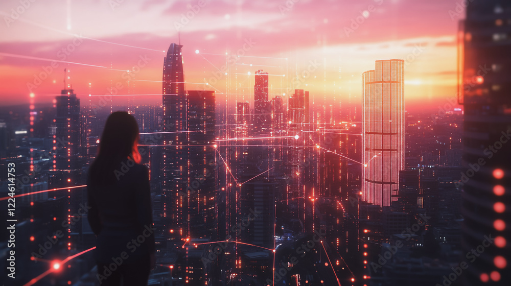 Abstract business woman stands on Smart digital Innovation city with connection network reciprocity over the twilight cityscape. of future wireless digital city and social media networking systems Abstract business woman stands on Smart digital Innovation city with connection network reciprocity over the twilight cityscape. of future wireless digital city and social media networking systems
