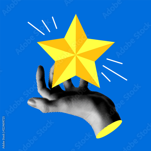 Modern collage. Halftone hand holding golden quality assurance star. High quality rating. Evaluation of service quality