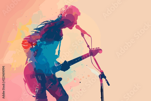 Guitarist and Microphone in Soft Pastel Colors on Stage During Live Music Performance