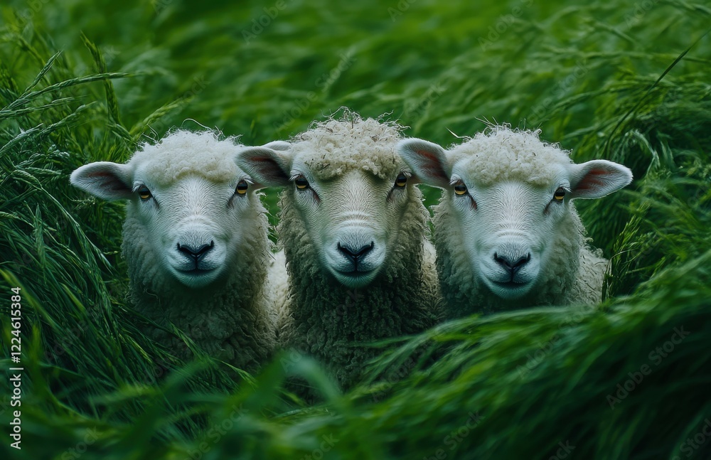 Three Adorable Sheep in Lush Green Grass, Captured in a Serene Pastoral Setting, Evoking a Sense of Calmness and Connection to Nature, Perfect for Animal Lovers and Farm Life Themes Three Adorable Sheep in Lush Green Grass, Captured in a Serene Pastoral Setting, Evoking a Sense of Calmness and Connection to Nature, Perfect for Animal Lovers and Farm Life Themes