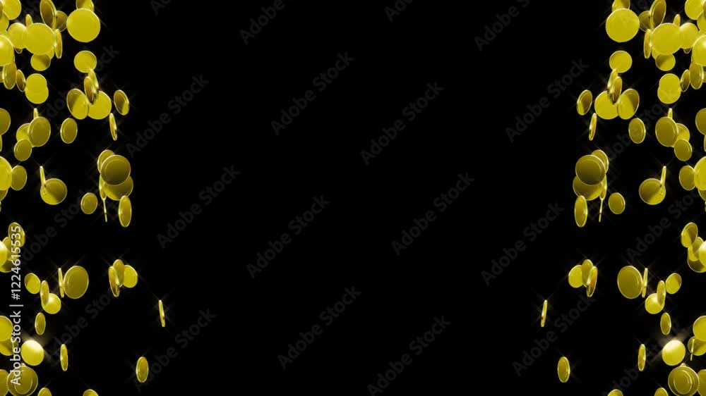 Frame of gold coin particles spraying from the side and falling down Loop Alpha channel 4k 3dcg