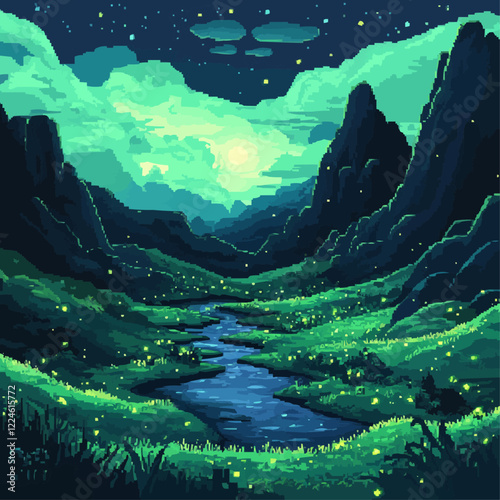 Vector night landscape with lush green hills and enchanting river under starry sky.