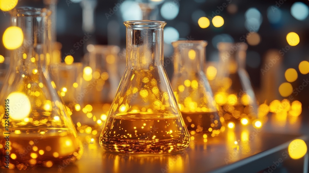 Laboratory experiment with glass flasks science lab scientific research bright environment close-up view chemistry concepts Laboratory experiment with glass flasks science lab scientific research bright environment close-up view chemistry concepts