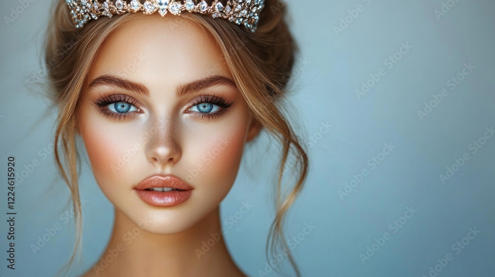 A stunning lady with a crown exudes grace and sophistication. Her mesmerizing blue eyes and flawless skin radiate confidence, creating an enchanting atmosphere of luxury A stunning lady with a crown exudes grace and sophistication. Her mesmerizing blue eyes and flawless skin radiate confidence, creating an enchanting atmosphere of luxury