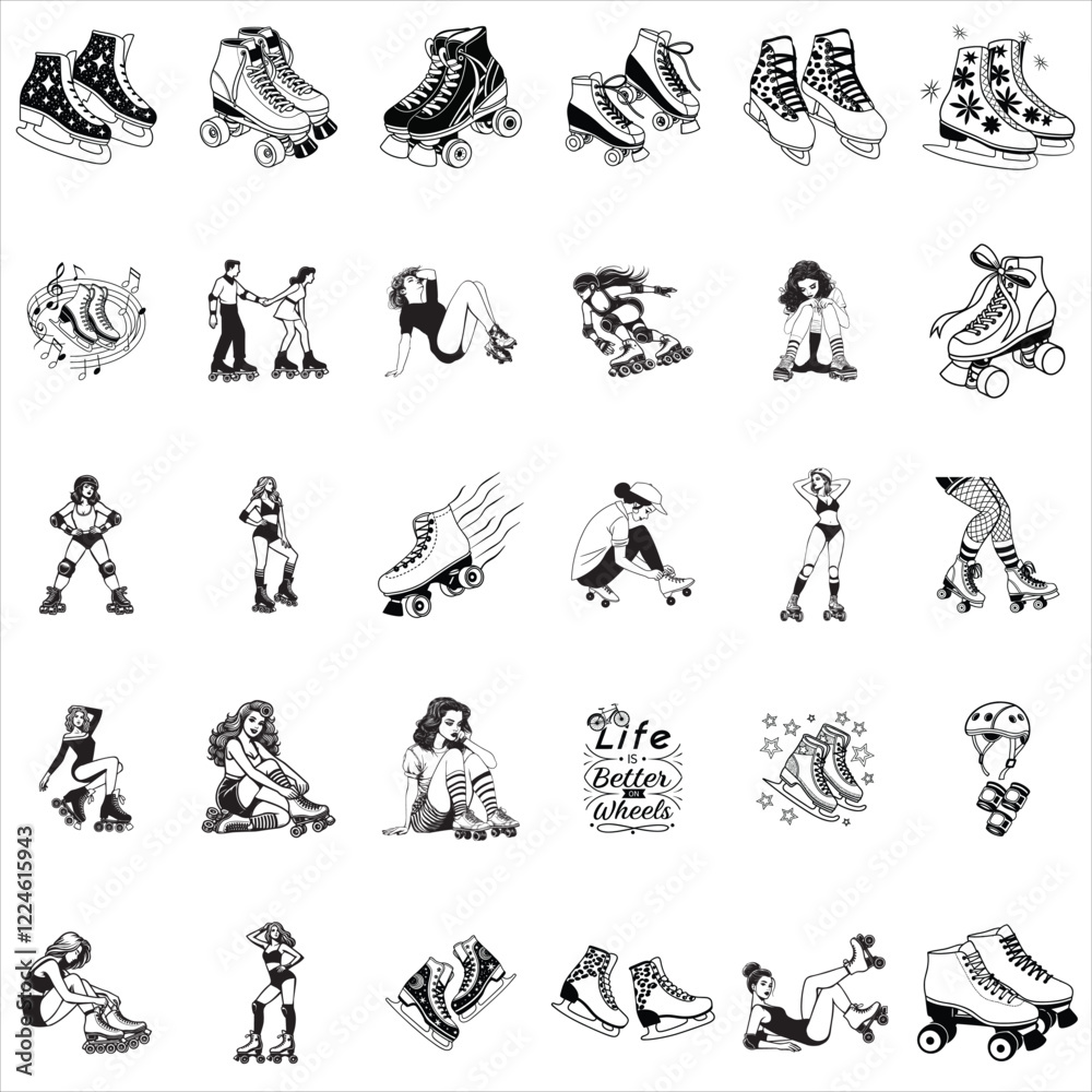 Naklejka premium Roller skate T-shirt Design Vector Bundle, Roller skates clipart Design, Inline skating illustration