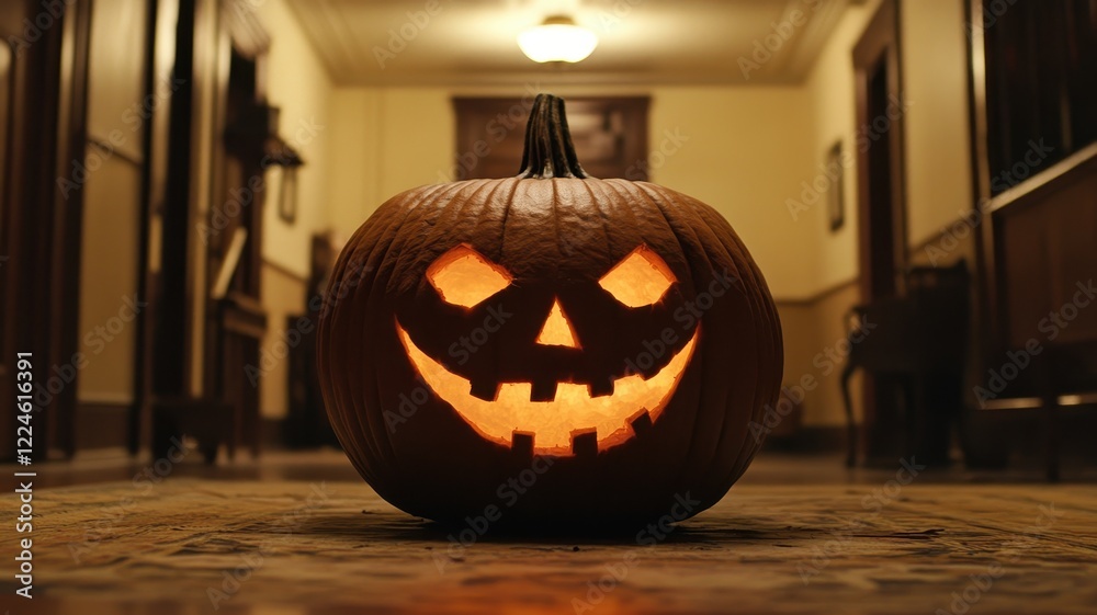 Fototapeta premium Spooky pumpkin display haunted hallway halloween decoration indoor setting low angle festive atmosphere