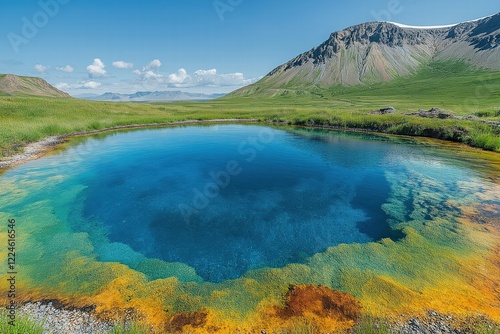 Vibrant geothermal hot spring surrounded by lush grasslands and mountain views on a clear day photo