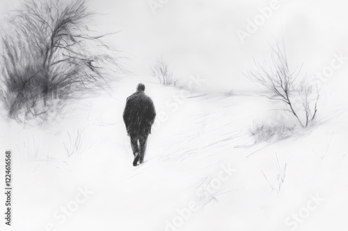Pencil sketch representing a lonely man walking away through a snowy path in a desolated winter landscape