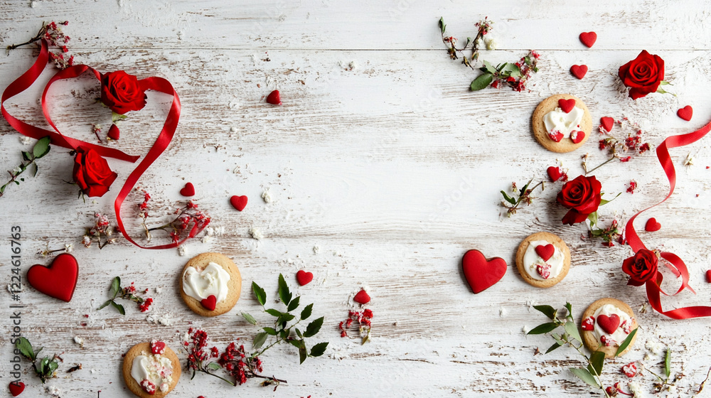 A whitewashed wooden background with red ribbon bows, heart-shaped cookies, and tiny roses scattered elegantly.