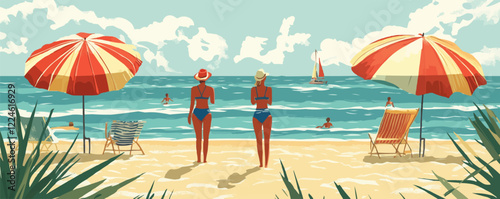 Summer beach scene vector with umbrellas and ocean views.