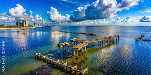 Drone View: Sunlit Biloxi Pier Ruins, Cloudy Sky -  Coastal Decay, Mississippi
