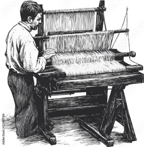 Vintage loom machine vector artwork showcasing traditional weaving techniques.
