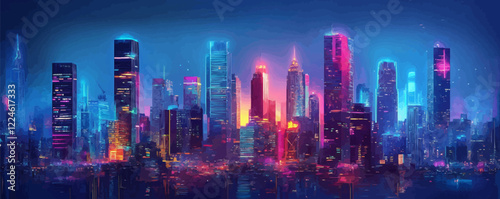 Futuristic neon cityscape vector with vibrant skyscrapers and dynamic glow.