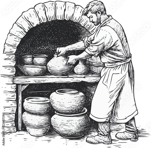 Vector art of traditional pottery craft with artisan at kiln.