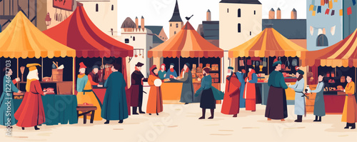 Vector depiction of a medieval market scene with vibrant stalls.