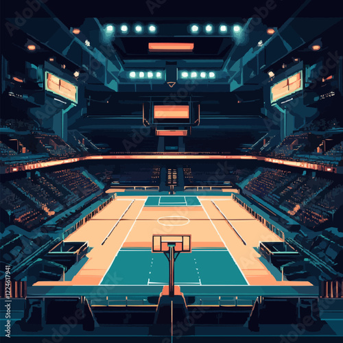 Vector basketball arena at night with vibrant lighting and empty seats.