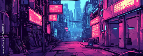 Futuristic neon cityscape in vector art style.