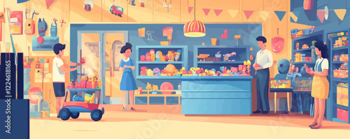 Vector scene of a toy store with shoppers and vibrant shelves.