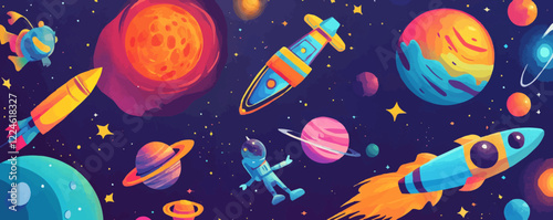 Colorful space adventure vector: rockets and planets.