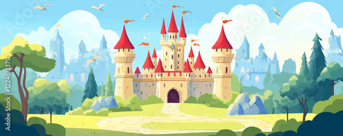 Fantasy castle vector with dragons in mystical landscape.