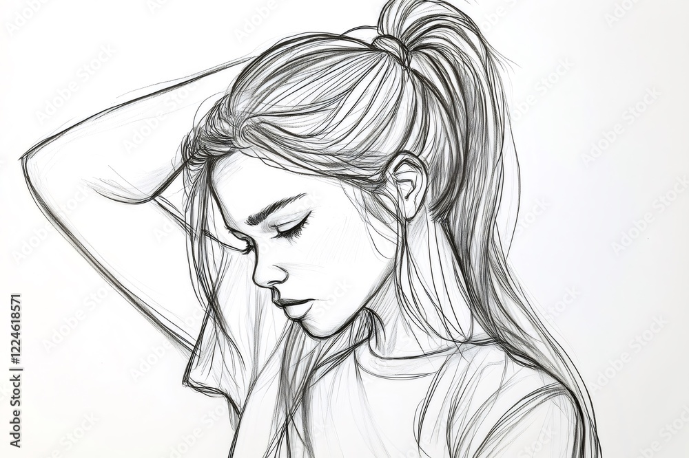 Quick sketch depicting a young woman tying her hair into a ponytail, a simple yet elegant portrait captured in delicate pencil strokes Quick sketch depicting a young woman tying her hair into a ponytail, a simple yet elegant portrait captured in delicate pencil strokes