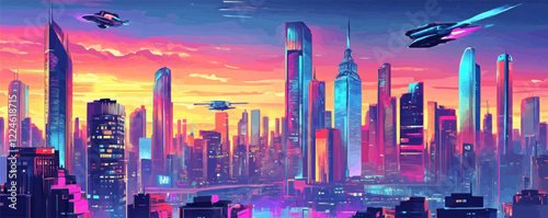 Futuristic cityscape vector with flying cars and neon skyscrapers at sunset.