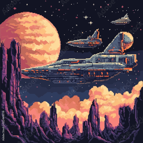 Retro pixel art vector space scene with futuristic spaceships and planetary landscape.