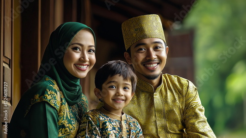 Happy Malay family, parents and son in rural kampung house, wearing green traditional clothing, baju melayu, songkok, baju kurung, tudung photo