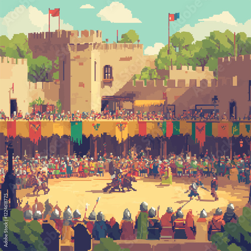 Medieval vector art depicting a vibrant jousting tournament.