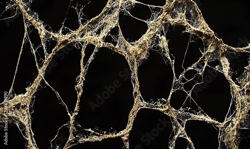 Golden spiderweb on black background, ideal for Halloween or spooky projects photo