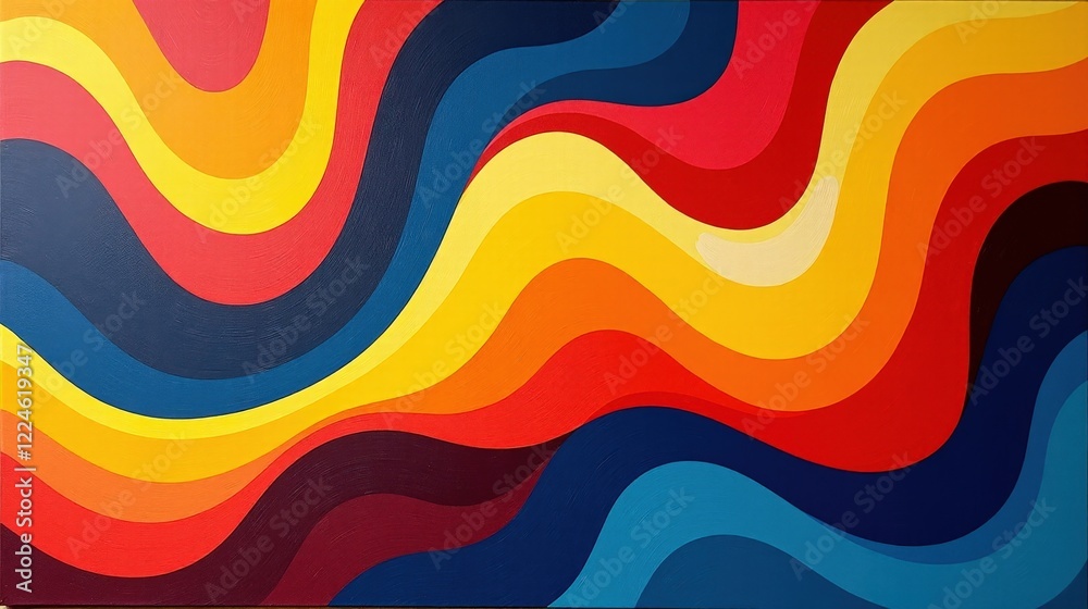 Obraz premium A colorful conceptual design with dynamic, overlapping wave-like forms in bold red, yellow, and blue, creating a playful and celebratory mood.
