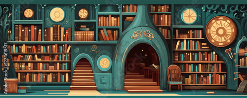 Cozy library vector with vintage clocks and bookshelves.